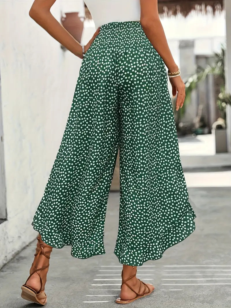 Weite Sommer Hose mit Rüschen Saum und Blumenmuster