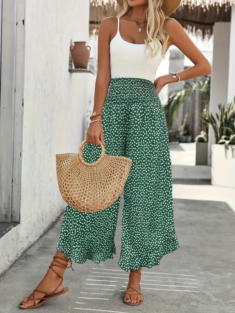 Weite Sommer Hose mit Rüschen Saum und Blumenmuster