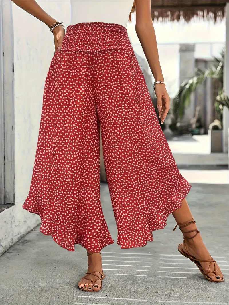 Weite Sommer Hose mit Rüschen Saum und Blumenmuster