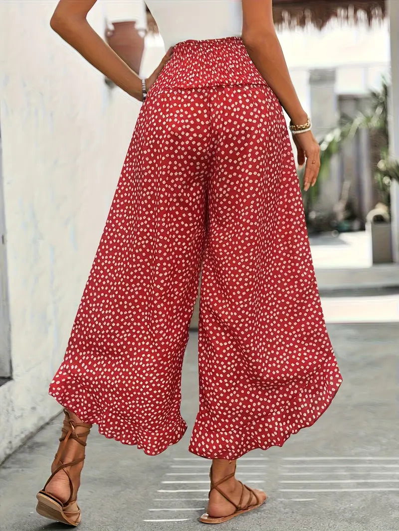 Weite Sommer Hose mit Rüschen Saum und Blumenmuster