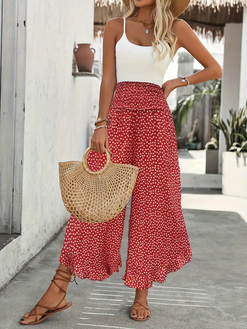 Weite Sommer Hose mit Rüschen Saum und Blumenmuster