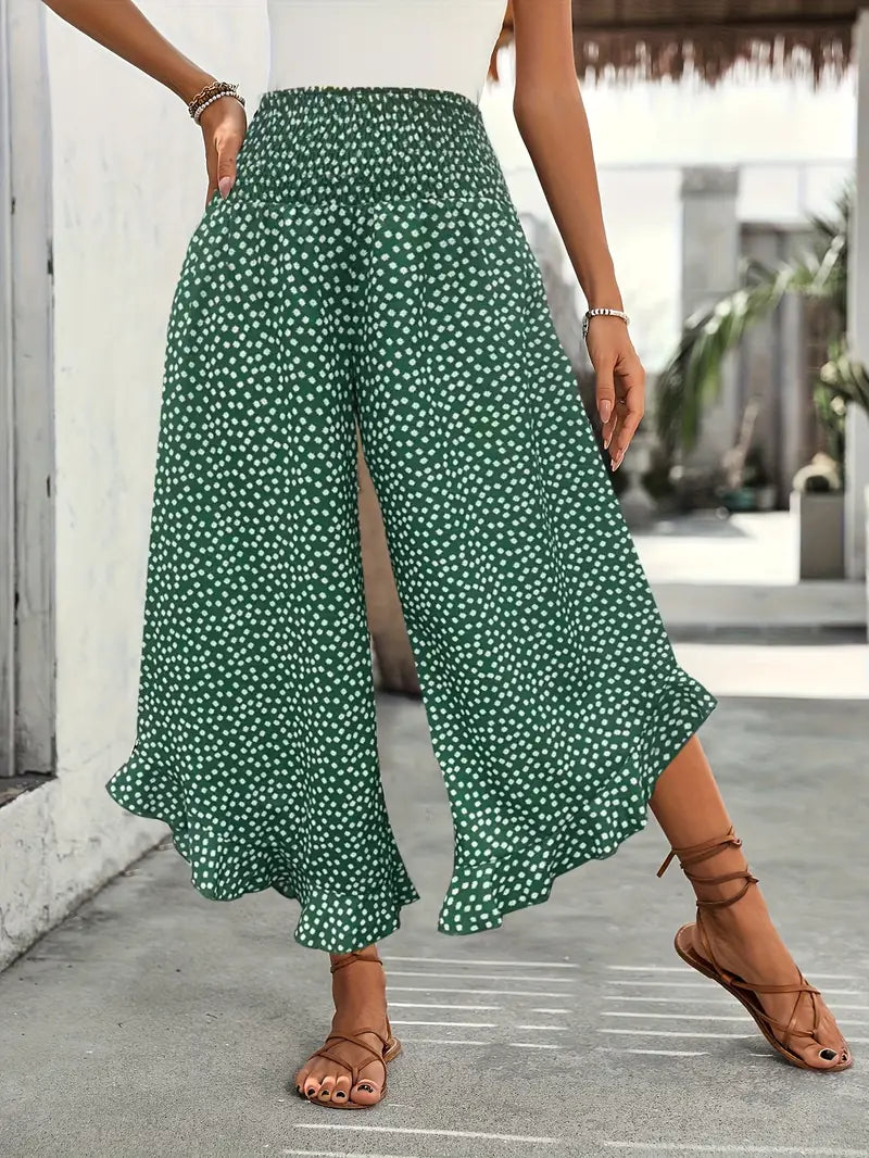 Weite Sommer Hose mit Rüschen Saum und Blumenmuster