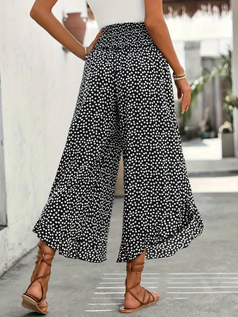 Weite Sommer Hose mit Rüschen Saum und Blumenmuster