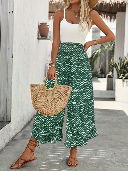 Weite&nbsp;Sommer Hose mit Rüschen Saum und&nbsp;Blumenmuster