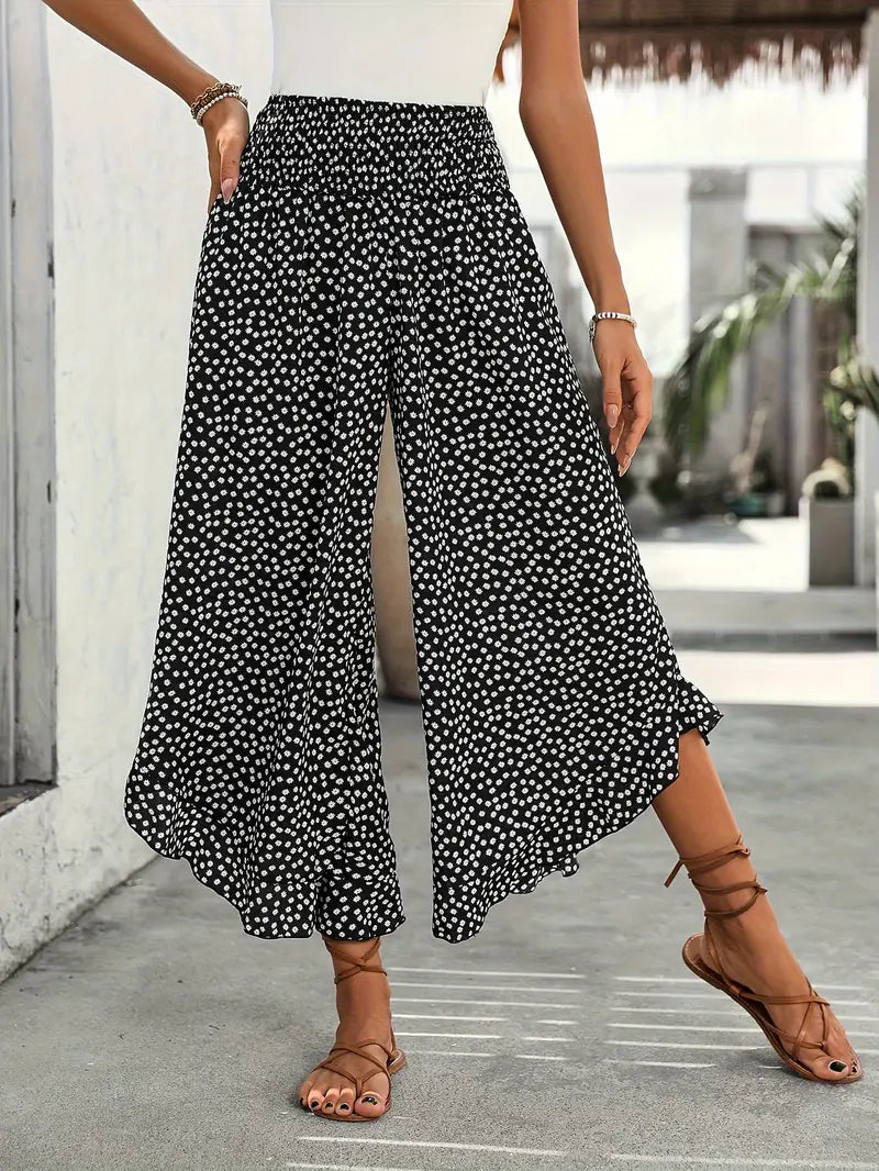 Weite&nbsp;Sommer Hose mit Rüschen Saum und&nbsp;Blumenmuster